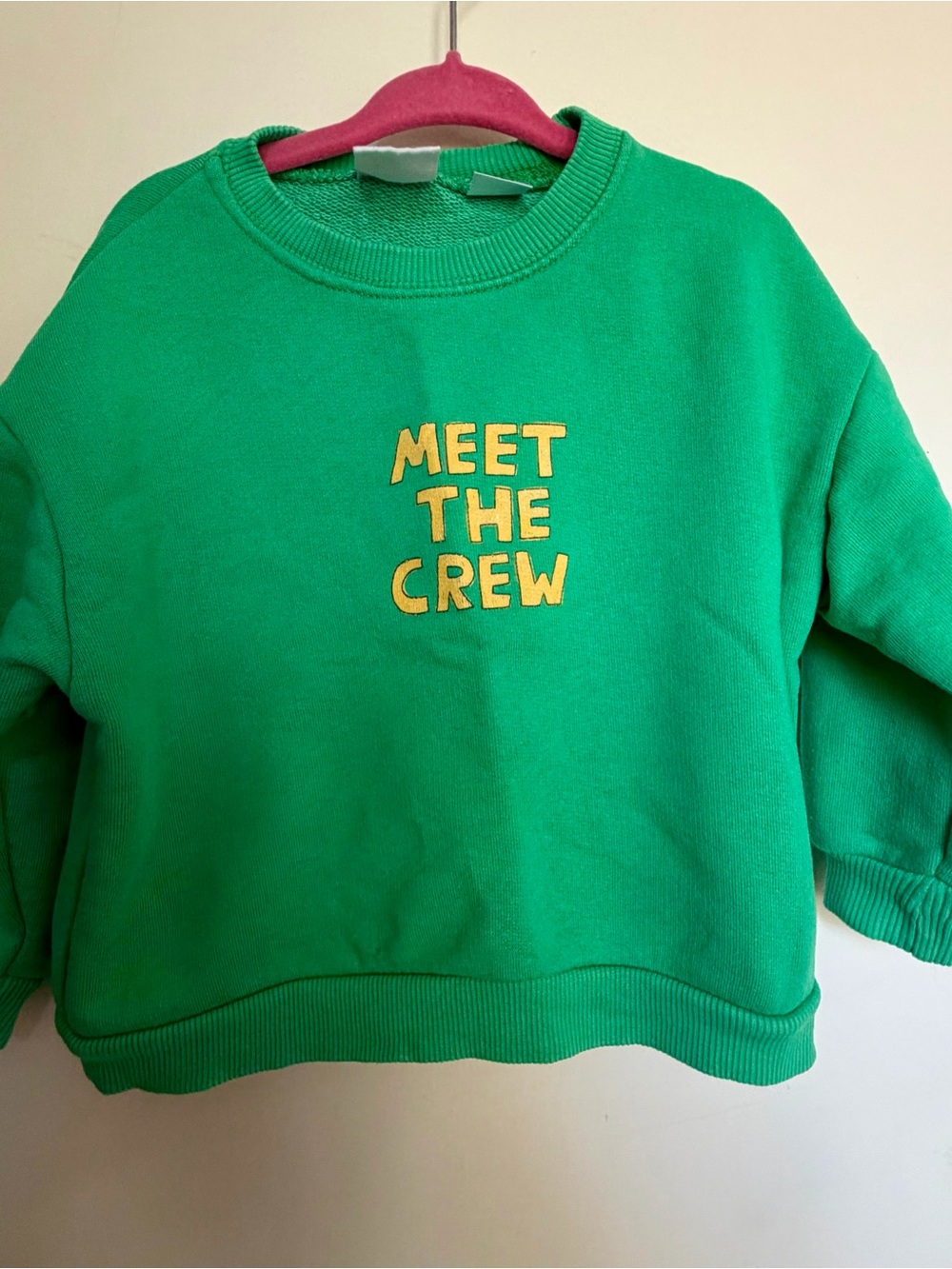 Zara Green Crewneck Sweatshirt with Yellow 'Meet The Crew' Embroidery